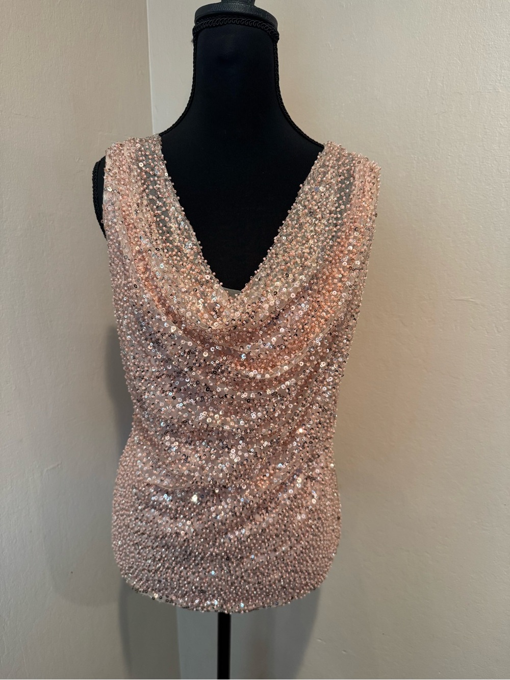 Boston Proper Rose Gold Sequin with Draped Cowl Neckline - Soft Rose Shell